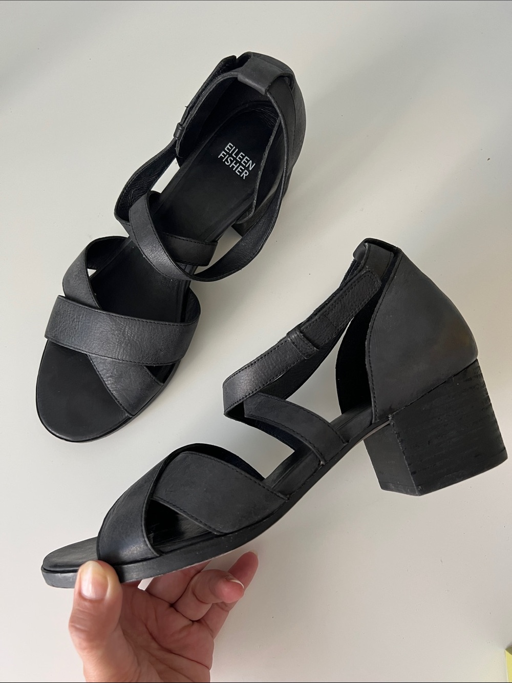 Eileen Fisher Black Leather Strappy Block Heel Sandals 9